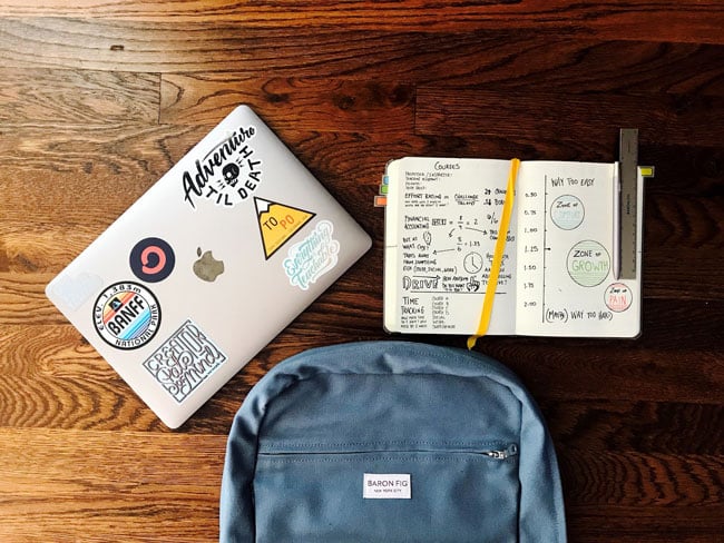 On a desk rests a backpack, a notebook, and a laptop computer.