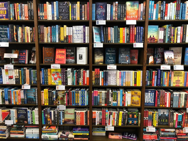close-up of bookshelves in a store