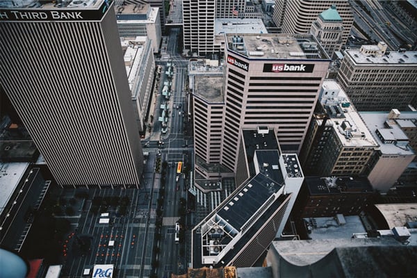 Aerial view of highrise bank buildings