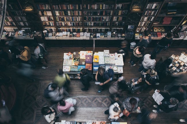 overhead view of a crowded bookstore