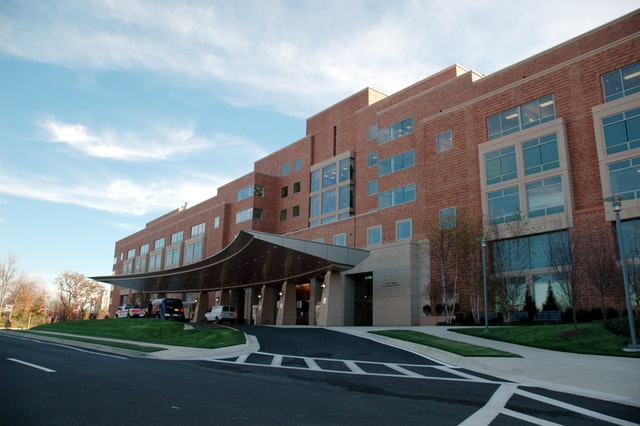 The main entrance of a hospital building.