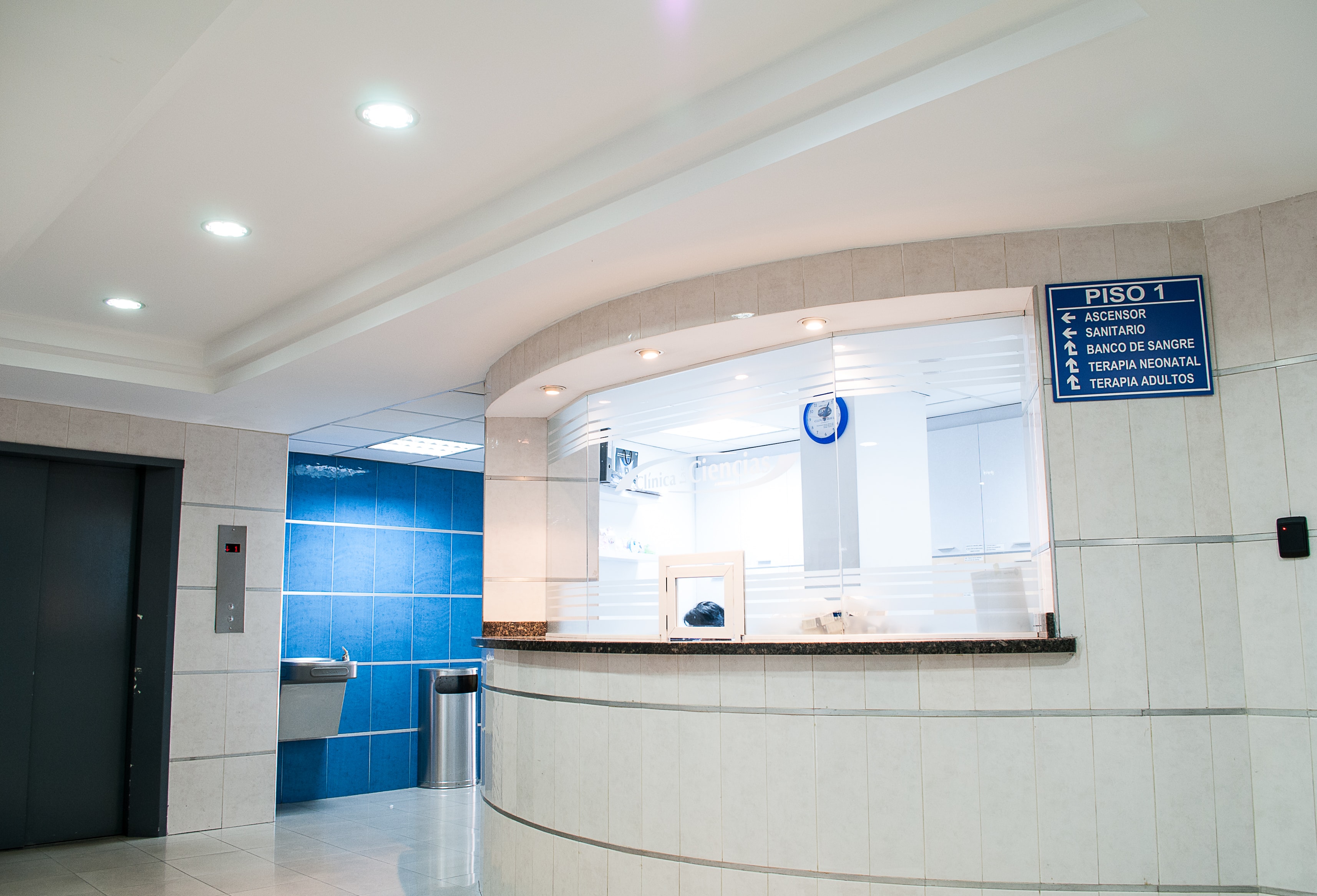 A white and blue medical waiting room