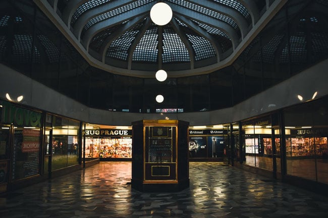 kiosk standing in the middle of a lobby